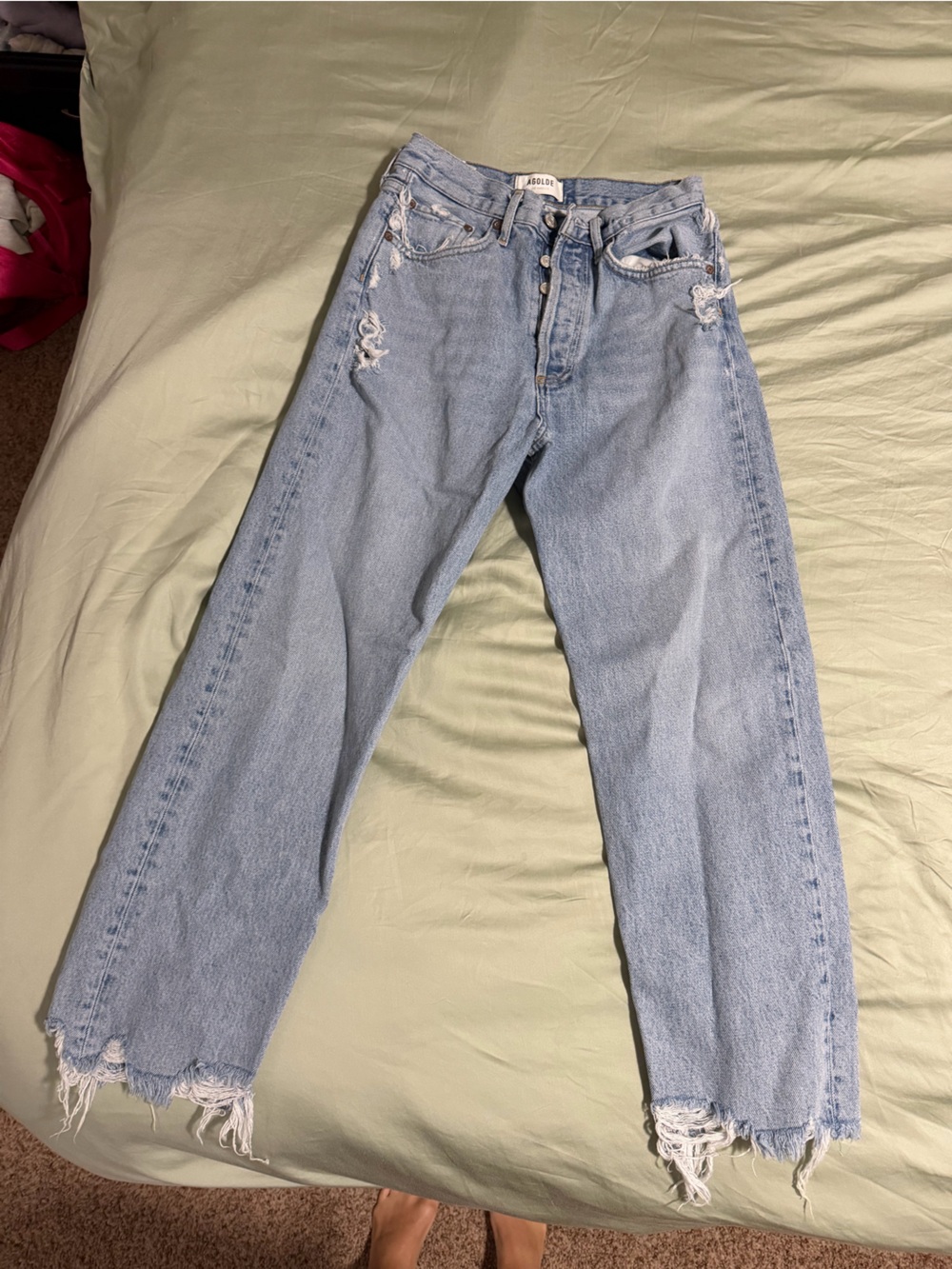 Agolde Light Blue Straight Leg Distressed Jeans- 90s crop